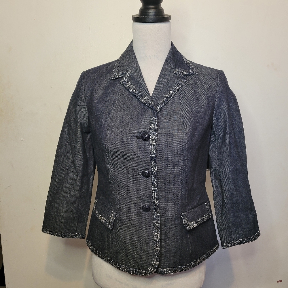 Talbots Denim Tweed Style Trim Blazer Jacket Size‎ 2P NWT